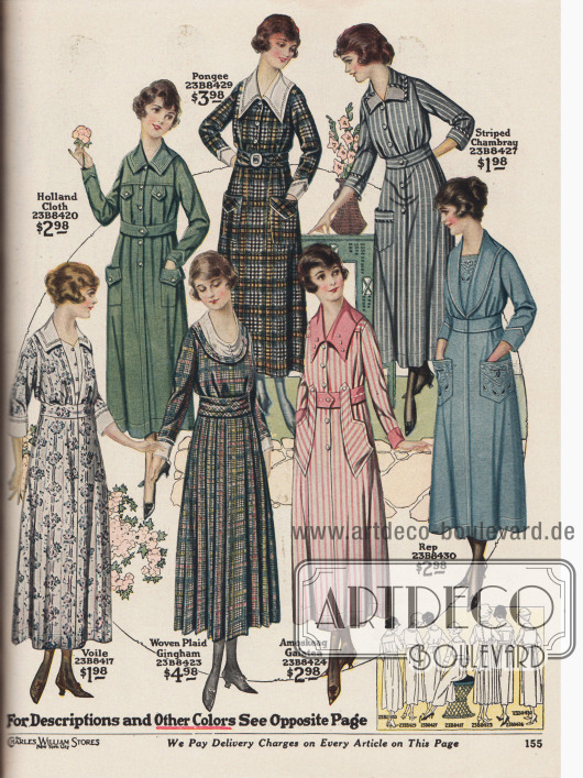 Günstige und schlichte Tageskleider für die Veranda oder die Arbeit im Haushalt aus Holland Cloth (eng gewebter Leinenstoff ähnlich Chambray), Pongee (Seide), gestreiftem Chambray, Voile (Schleierstoff), Gingham, Amoskeag (Gingham – Stoff hergestellt von der Amoskeag Manufacturing Co. in Manchester, New Hampshire, USA) und Rep (Stoff in Ripsbindung, meist Baumwolle).
Unter den Modellen sind drei Mantelkleider und mehrere Kleider mit praktischen, aufgesetzten Taschen. Ein Kleid mit Stickereien.