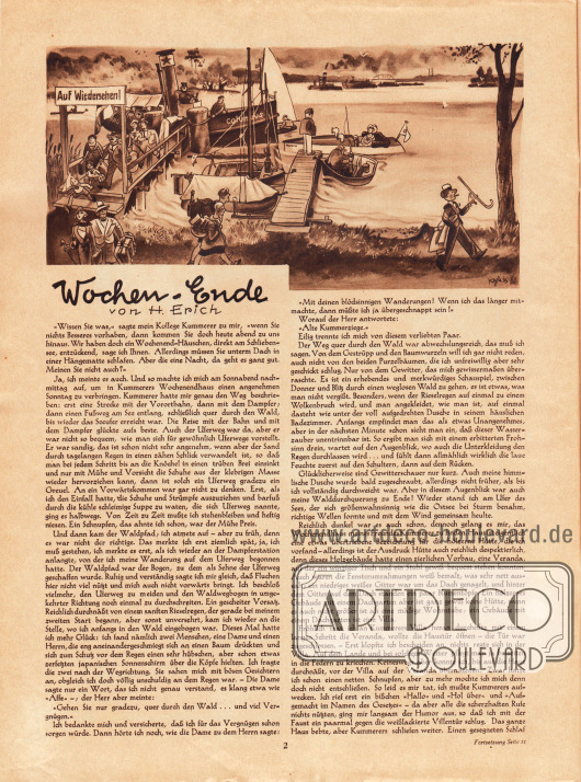 Artikel:
Erich, H., Wochen-Ende.
Zeichnung: Hans Kossatz (1901-1985).