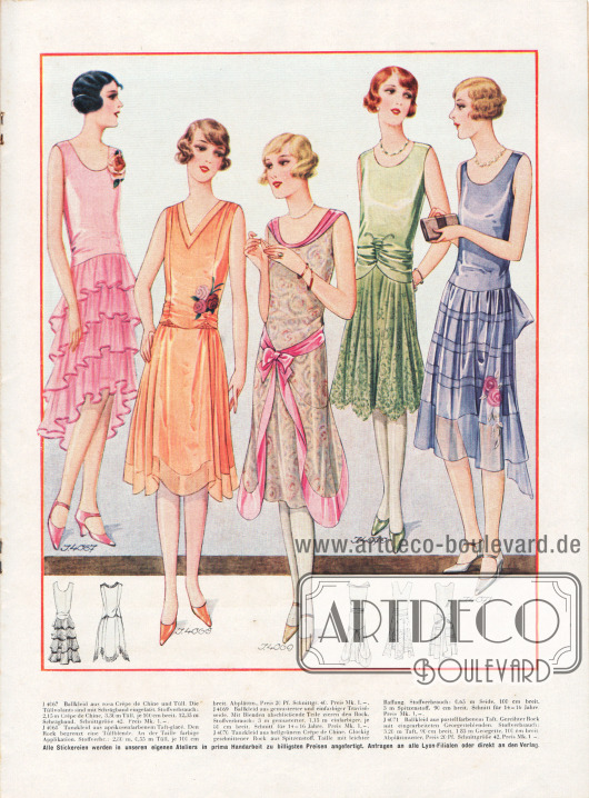 4067: Ballkleid aus rosa Crêpe de Chine und Tüll. Die Tüllvolants sind mit Schrägband eingefaßt.
4068: Tanzkleid aus aprikosenfarbenem Taft-glacé. Den Rock begrenzt eine Tüllblende. An der Taille farbige Applikation.
4069: Ballkleid aus gemusterter und einfarbiger Traviséseide. Mit Blenden abschließende Teile zieren den Rock.
4070: Tanzkleid aus hellgrünem Crêpe de Chine. Glockig geschnittener Rock aus Spitzenstoff. Taille mit leichter Raffung.
4071: Ballkleid aus pastellfarbenem Taft. Gereihter Rock mit eingearbeiteten Georgetteblenden.