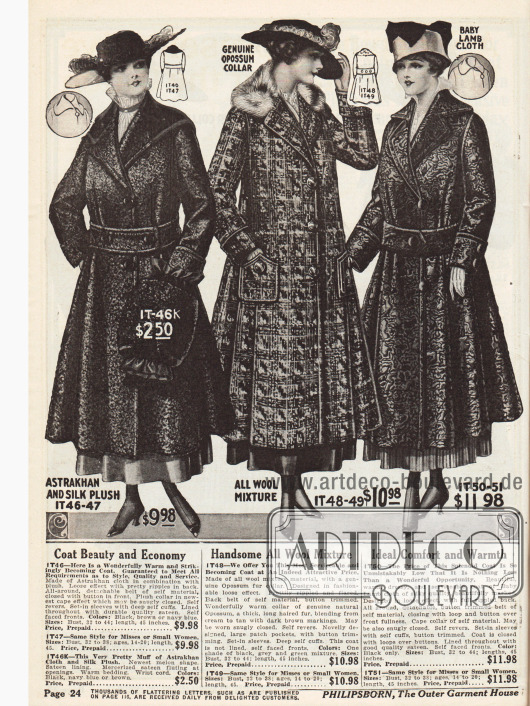 Wintermäntel für Damen aus „Astrakhan“ (also Persianer, Breitschwanz oder auch Karakulschaf) und Seiden-Plüsch, einem Wollmischstoff mit Opossumpelz und Breitschwanzfell. Der erste Mantel wird mit einem passenden Muff geliefert.