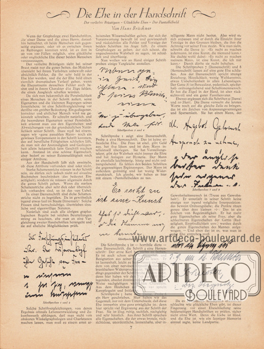 Artikel:
Brückner, Hans, Die Ehe in der Handschrift. Der verliebte Bräutigam - Glückliche Ehen - Der Pantoffelheld.
Der Artikel ist mit zehn beispielhaften Handschriften anschaulich ergänzt.