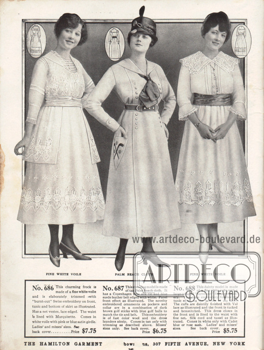 Günstige Sommerkleider für Frauen aus weißem Schleierstoff und „Palm Beach cloth“ (günstiger Mischstoff aus Angorawolle und Baumwolle oder Linen).
Das erste sommerliche Kleid zeigt eine Tunika, dreiviertellange Ärmel und einen Westeneinsatz aus Spitze. Die Bluse ist mit Marquisette gefüttert. Tunika, Rocksaum und Bluse sind mit großflächiger Hohlsaumstickerei verziert. Das mittlere Kleid präsentiert Zierknöpfe und dekorative Stickereien auf den Taschen mit Golfschlägern und Bällen. Krawatte und Gürtel sind farblich abgestimmt. Wie das erste Kleid ist auch das dritte Modell mit reichlich Schweizer Hohlsaumstickerei verziert. Zusätzliche Stickereien und Spitze an Kragen und Ärmeln geben diesem Kleid ein distinguiertes Aussehen.