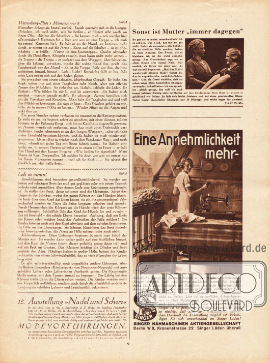Artikel:
Schotte, Paul, Wittenberg-Platz 5 Minuten vor 8;
Zehden, Melitta, Laßt sie turnen!
Werbung:
12. Ausstellung „Nadel und Schere“ vom 2. bis 6. September 1933 in Berlin;
Elida Kamilloflor Shampoo;
Singer Nähmaschinen AG, Berlin.