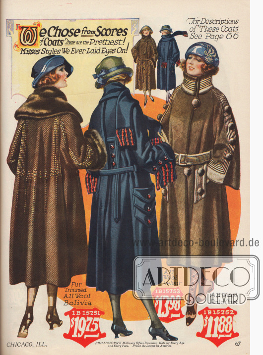 Wadenlange Wintermäntel für junge Frauen bis 20 Jahre aus Wolle und Woll-Velours. Weiter Schnitt, glockige Ärmel und groß geratene Detail gehören zur Herbstmode 1922-23.