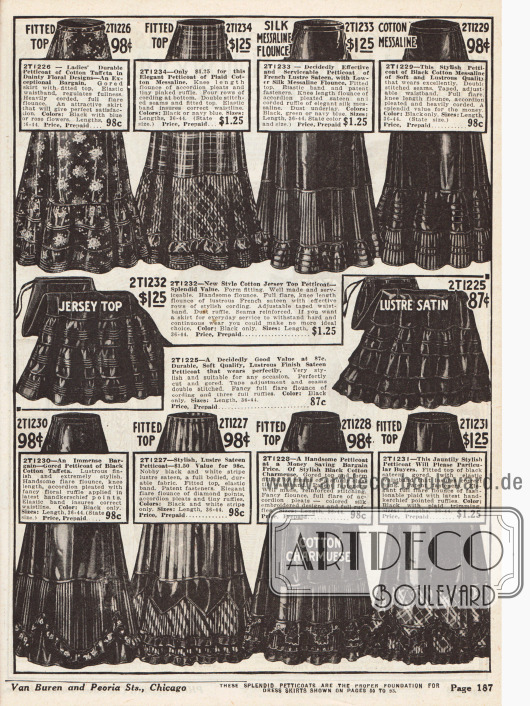 Petticoats (Damenunterröcke) mit Rüschen und Volants aus Baumwoll-Taft, Baumwoll-Messaline (Seidengewebe), glänzendem französischem Satin, Baumwoll-Jersey und Baumwoll-Charmeuse.