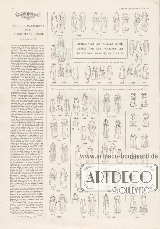 Artikel:
Comtesse Régine, Idées de parisienne par la comtesse régine.
Auf dieser Seite befinden sich die Vorder- sowie die Rückansichten der Modelle der Seiten 60-61 und 66-71.