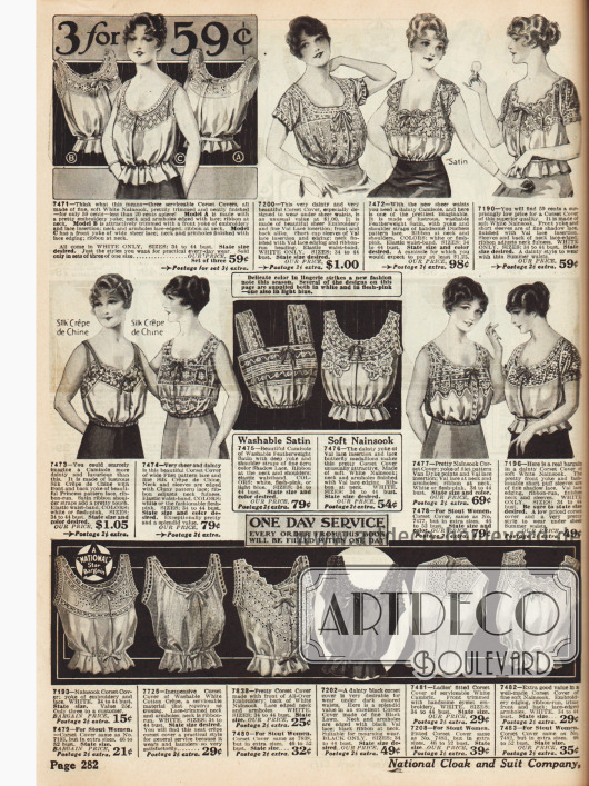 „Camisoles“ (dt.: Damenuntertaillen) und „Corset Covers“ für Damen zum Tragen über oder unterhalb des Korsetts mit Spitzenbesatz.