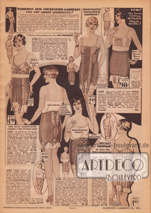 „Hamiltons neuste Unterkleidung zur Erzielung der neuen Modelinie!“ (engl. „Hamilton’s New Foundation Garments For The Smart Silhouette!“).
Hüfthalter, Korseletts bzw. Korsetts mit angeschlossenem Mieder und Bandeau-Büstenhalter für Damen unterschiedlicher Statur und Körperform. Die Hüfthalter und Korseletts sind aus Rayon-Brokat, gestreiftem Rayon und mit Einsätzen oder ganz aus elastisch-chirurgischem Gummi hergestellt. Leichte Metalldrähte sorgen beispielsweise beim Modell 41E6 (unten Mitte) zur Abflachung des Bauches. Strumpfbandhalter sind an allen Modellen zu finden. Seitliche Haken oder Schnürung als Verschluss.