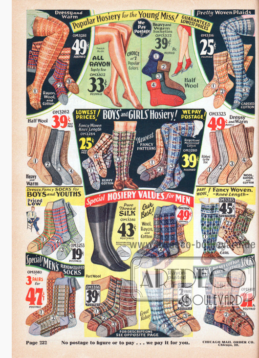 Warme Strümpfe und Socken für junge Frauen (oben), Mädchen und Jungen (Mitte) und Männer (unten). Die Strümpfe und Socken sind einfarbig, gestreift oder gemustert und aus Rayon, Wolle oder Baumwolle.