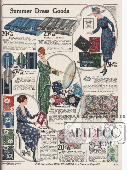 Doppelseite mit bedruckten, leichten Kleiderstoffen für den Sommer in unterschiedlichen Musterungen wie Wollstoffe, Foulard, Schleierstoff, Popeline, Batist, Taft und merzerisiertem Schleierstoff.