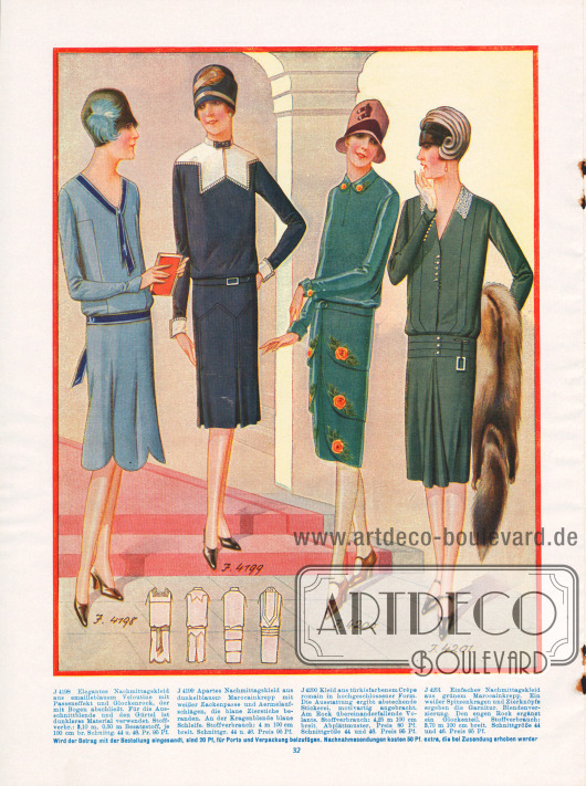 4198: Elegantes Nachmittagskleid aus emailleblauem Veloutine mit Passeneffekt und Glockenrock, der mit Bogen abschließt. Für die Ausschnittblende und den Gürtel ist dunkleres Material verwendet.
4199: Nachmittagskleid aus dunkelblauem Marocainkrepp mit weißer Zackenpasse und Ärmelaufschlägen, die blaue Zierstiche branden. An der Kragenblende blaue Schleife.
4200: Kleid aus türkisfarbenem Crêpe Romain in hochgeschlossener Form. Die Ausstattung ergibt abstechende Stickerei, motivartig angebracht. Am Rock übereinander fallende Volants.
4201: Einfaches Nachmittagskleid aus grünem Marocainkrepp. Ein weißer Spitzenkragen und Zierknöpfe ergeben die Garnitur. Blendenverzierung. Den engen Rock ergänzt ein Glockenteil.