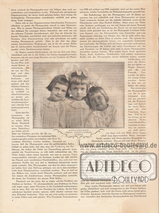 Artikel:
Maibauer, Dr. Fritz, Moderne Bildnisphotographie.
Im Zentrum der Seite ist ein fotografisches Kinderbildnis abgebildet, das drei Mädchen in weißen Kleidchen und mit Schleifen im Haar zeigt.
Foto: Ernst Sandau, Berlin.