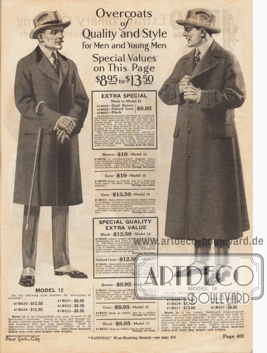 „Mäntel mit Qualität und Stil für Männer und junge Männer“ (engl. „Overcoats of Quality and Style For Men and Young Men“).
Links befindet sich ein Chesterfield Mantel mit verdeckter Knopfleiste, eingearbeiteter Brusttasche und schwarzem Samtkragen. Der Chesterfield ist eine spezielle Unterart des Paletots. Rechts befindet sich ein wadenlanger, einreihiger Ulstermantel mit Rückengurt. Beide Mäntel können in den angegebenen Ausführungen sowie unterschiedlichen Stoffen und Farben geordert werden.