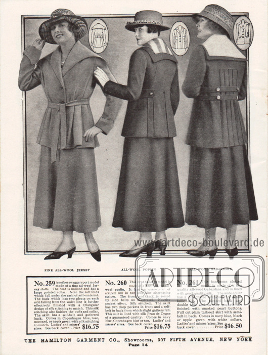 Kostüme des mittleren Preissegments für Damen. Die Kostüme sind aus Woll-Jersey, Woll-Popeline und Woll-Gabardine gearbeitet.
Die Jacke des ersten Modells zeigt einen weit ausladenden Kragen, der beidseitig punktuell zuläuft. Die Weite der Jacke wird durch den Gürtel eingefangen, so dass der Schoß der Jacke tiefe Falten wirft. Das zweite Kostüm zeigt einen weiß gestreiften Garniturkragen, der dem eigentlichen Kragen aufliegt. Bestickte Taschenklappen, seitliche Gurte und Falten im hinteren Jackenschoß sind die weiteren Charakteristika. Das dritte Modell besitzt einen plissierten Falteneinsatz im Rücken und einen abnehmbaren weißen Kragen aus Seide.