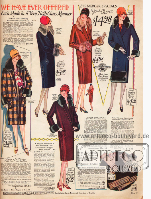 Doppelseite mit Damenmänteln mittlerer Preisklasse für 9,98 bis 24,95 $. Die Mäntel sind aus Wollmischstoffen; die Pelzverbrämungen an Kragen und Ärmelaufschläge sind aus Kaninchen- und mandschurischen Wolfspelzen. Beachtenswert sind die unterschiedlich ausfallenden Stickereien und zusätzlichen Knopfleisten, die vorzugsweise an den Seiten unterhalb der Hüften zu finden sind.
Unten links und rechts befinden sich je drei Paare Lederhandschuhe.