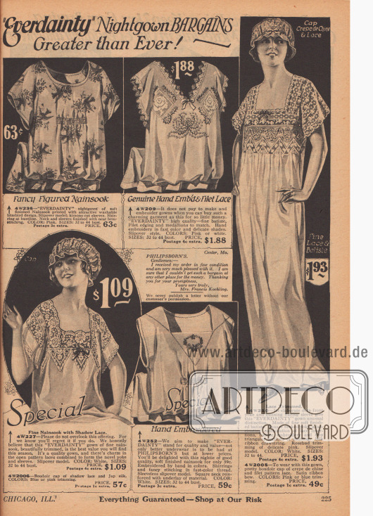 Doppelseite mit Nachtroben, Hauben und Pyjamas für Frauen aus besticktem oder bedrucktem Nainsook (leichter Musselin), Batist, Crêpe de Chine und mit viel Spitzengarnierung.