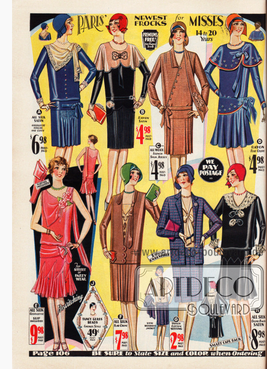 Elegante und schicke Kleider für Backfische (14 bis 20-jährige Frauen).
Die Kleider sind aus Seiden-Satin, Rayon-Satin, Woll-Jersey, Rayon Krepp und Seiden Krepp gefertigt. Ein Ensemble aus Baumwollgewebe (G) sowie ein Tanzkleid aus rosa Seiden-Georgette ist unten links (E) zu finden. Passend dazu befindet sich daneben eine Kette aus Glasperlen für 49 Cent (J).