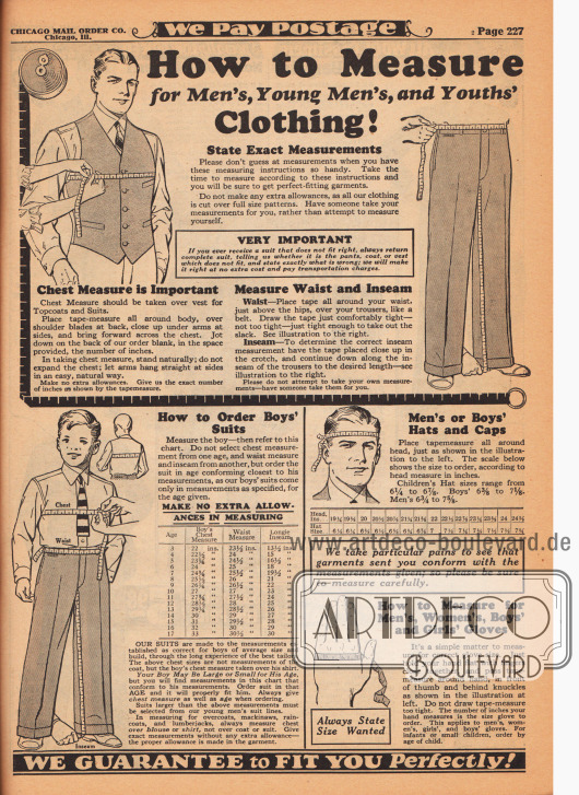 „Wie man Maße für Kleidung von Männern, jungen Männern und Jungen nimmt! Geben Sie genaue Messwerte an!“ (engl. „How to Measure for Men’s, Young Men’s, and Youth’s Clothing! State Exact Measurements“).