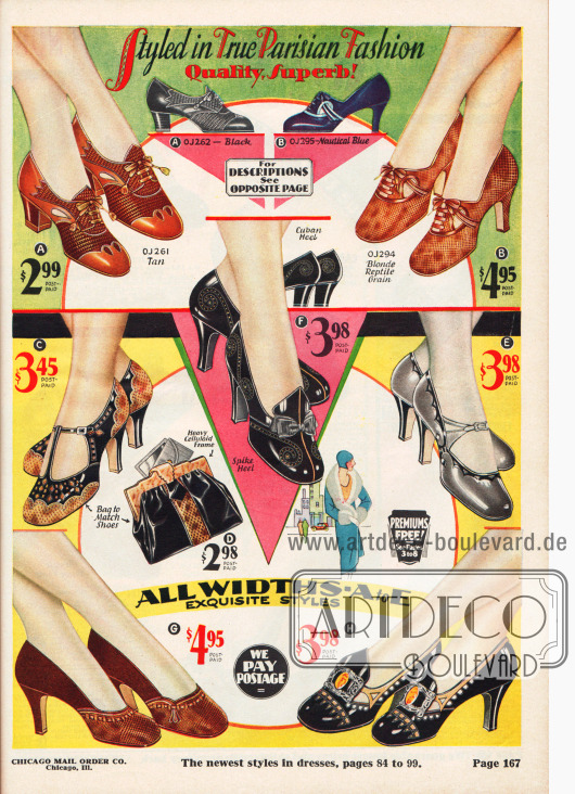 Seite mit Damenpumps, Oxfords und Schnallenschuhen – darunter ein Modell mit T-Schnalle (C) und passender Handtasche. Mehrere Paare zeigen zwei verschiedenfarbige Lederverarbeitungen. Beispielsweise wurde bei dem Oxfordpaar oben links glattes und grobes Reptilienleder kombiniert. Neben Reptilienleder fand auch Lackleder viel Verwendung. Ein Modell mit recht niedrigem Absatz, überwiegend mittelhohe und zwei Modelle mit sehr hohen Absätzen (unten) sind auf dieser Seite zu finden.
