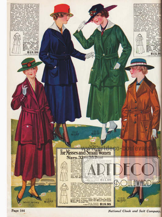 Alle Kostüme sind in den Farben „mustard color“ (dunkles gelb), „medium green“, „Copenhagen blue“ oder „rose color“ bestellbar.