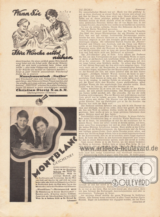 Artikel:
Welten, Heinz, Die Eroika.
Werbung:
Hausfrauentuch „Treffer“, Christian Dierig GmbH, Oberlangenbielau (Schlesien);
Montblanc Füllfederhalter.