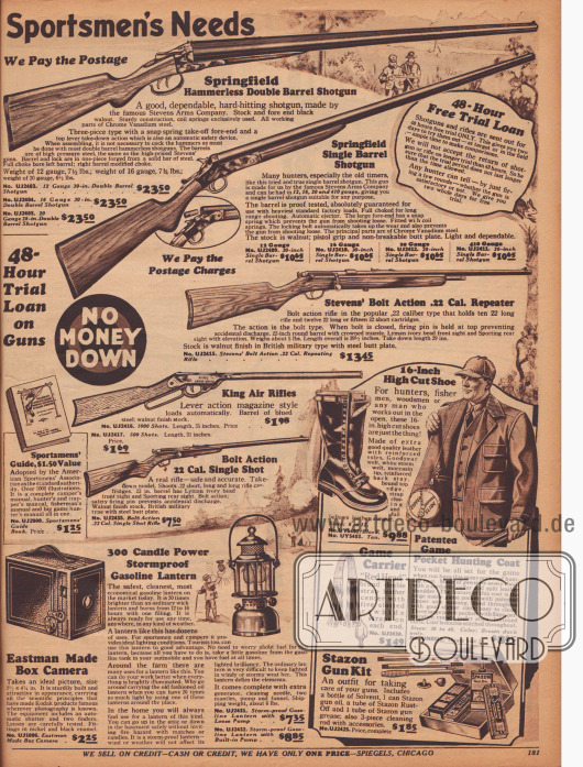 „Sportjäger Bedarf“ (engl. „Sportsmen’s Needs“).
Ein doppelläufiges sowie ein Jagdgewehr mit nur einem Lauf der Marke Springfield, ein Repetiergewehr der Marke Stevens, ein Luftgewehr („King Air Rifle“) und ein Gewehr Kaliber 22 („Bolt Action 22 Cal. Single Shot“).
Unten werden ein Fotoapparat im Kistenformat (Boxkamera) der Marke Eastman und eine benzinbetriebene Laterne angeboten.
Rechts unten befinden sich ein hoher Stiefel der ideal für Jäger, Fischer oder Holzfäller ist, eine Jacke mit geräumigen Taschen und Taschenreißverschluss für Jäger, ein Tragegurt aus Leder mit Riemen zum Aufhängen erlegter Wildtiere (z. B. Gänse oder Truthühner) und ein Reinigungs-Kit für Gewehre und Schrotflinten.