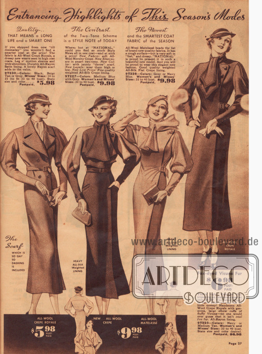 „Die Highlights der Mode dieser Saison“ - Damenmäntel mit Halstüchern und auffälligen Puffärmeln.
