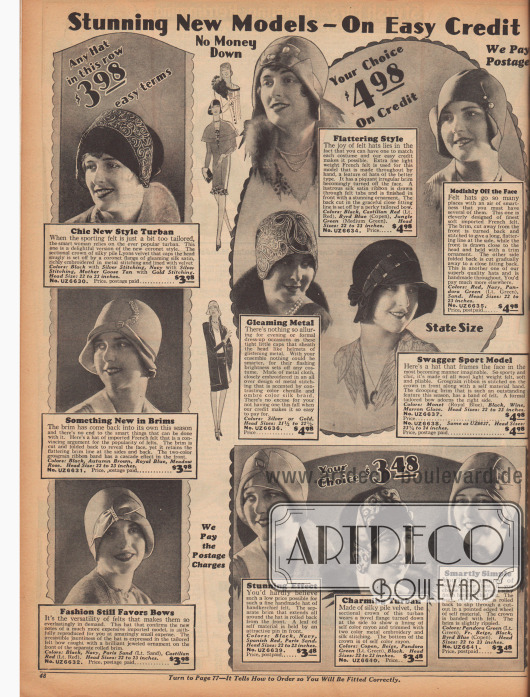 Doppelseite mit Hüten für Frauen und Mädchen. Sämtliche Glocken und turbanartigen Kappen sind aus Filz und besitzen keine, kurze oder umgeschlagene Krempen. Ripsbänder, Stickereien mit Metallfäden, plissierte Bändchen und Broschen dienen als dezenter Zierrat.
