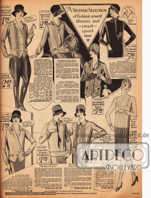 Sportbekleidung für Damen zu günstigen Preisen aus Broadcloth („Breitgewebe“), Seide, Samt und Rayon.
Der Schnitt der Blusen ist sehr männlich gehalten - besonders die Bluse mit Knickerbockerhose wirkt sehr maskulin.