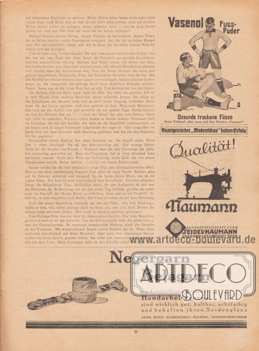 Artikel:
Knopf, Julius, Wirbelsturm. Skizze von Julius Knopf.
Werbung:
Vasenol Fusspuder, „Gesunde trockene Füsse“;
Eigenwerbung des Verlags Gustav Lyon „Anzeigen in der ‚Modenschau‘ haben Erfolg“;
„Qualität!“, Naumann Nähmaschinen, Aktiengesellschaft Seidel & Naumann, Dresden, gegründet 1868;
„Negergarn, Belagarn – die baumwollenen deutschen Handarbeitsgarne sind wirklich gut, haltbar, echtfarbig und behalten ihren Seidenglanz“, Gebr. Wolf, Neukirchen – Pleiss, Negergarnfarbik.
