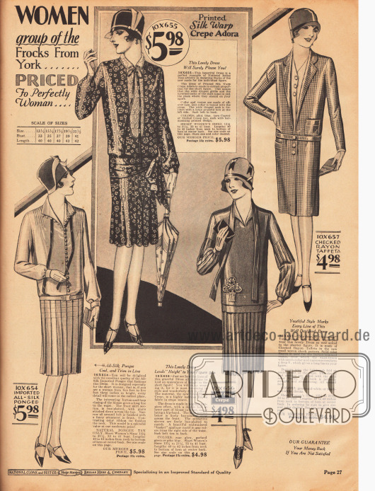 Günstige Damenkleider, die speziell für Frauen mit einer Körpergröße von unter 5 feet 3 inch (etwa 1,60 m) kreiert sind. Die Kleider bestehen aus Seidengewebe, bedrucktem Seiden Krepp Adora (Seiden-Baumwoll-Material), „Glow-Sheen Crepe“ (Rayon Krepp) und kariertem Rayon-Taft.
Das erste Modell von oben zeigt einen Westeneinsatz mit Kragen aus Spitze. Auch das zweite Kleid von zeigt eine Weste umrahmt von einem Kragen. Die beiden unteren Kleider zeigen Röcke mit Quetschfalten (engl. „box-plaited“).