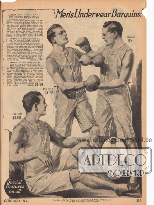 Athletische Unterwäsche für Männer aus Satin-Madras, kariertem Nainsook (Musselin) und Baumwolle. Die kniekurzen Hemdhosen („union suits“) werden mittels einer vorderen Knopfleiste geschlossen. Zum besseren Sitz ist im Rücken ein Gürtel eingearbeitet. Die Hosen lassen sich zudem im hinteren Bereich problemlos und bequem öffnen.