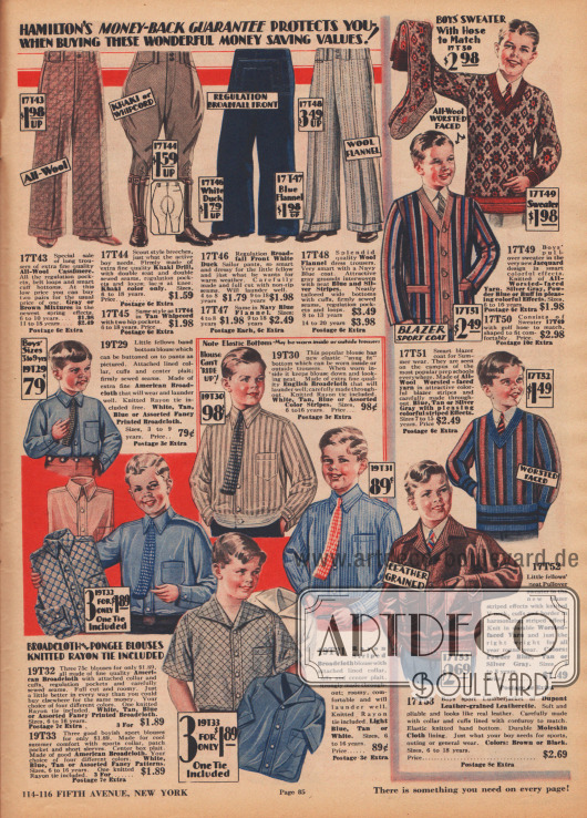Lange und kurze Hosen, Hemden, Pullover, ein Cardigan und eine Sportlederjacke (engl. „lumber jacket“, Blouson) für Jungen im Alter von 4 bis rund 16 Jahren.
Die Hosen sind aus Woll-Kaschmir, Khaki, Kanevas und Woll-Flanell hergestellt. Unter den Hosen ist auch eine Reiterhose (Breeches). Die Hemden sind auch leicht gemusterten und farbigen Breitgeweben, während die Strickpullover aus Wollstoffen gefertigt wurden. Für den Pullover oben rechts werden auch die passenden Socken im gleichen Muster angeboten.
