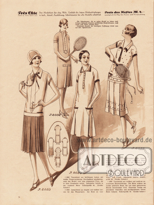 2052: Tenniskleid aus hellblauem Leinen mit weißer Paspelverzierung. Durchgehend geschnitten, zeigt das Modell vorn eine eingesetzte Falte, die in einer Knopfpatte endigt. Geknöpfter Schlitz in der vorderen Mitte.
2053: Jumperkleid aus blauem und weißem Leinen für den Wassersport. Am Rock ist vorn eine breite Faltenpartie arrangiert. Der Jumper hat blauen Blendenbesatz mit passender Bandkrawatte und zeigt außerdem ein gesticktes Abzeichen. Eingesetzte Ärmelchen.
2054: Sportkleid aus weißem Leinen mit rotem Blendenbesatz. Vorn glatt durchgehend, setzt seitlich nach hinten herumgreifend ein Rock an. Abwärts der spitzen Taschen sowie im Rücken bilden sich Falten. Geknöpfter Schlitz.
2055: Tenniskleid aus weißem und weiß-rot gepunktetem Baumwollkrepp. Die Bluse ergänzt ein weißer gefalteter Rock, der von einer gemusterten Blende unterbrochen wird. Einseitige Tasche mit gesticktem Abzeichen und durchgeleitetem Gürtel. Roter Aufputz.