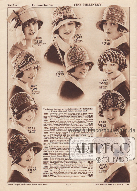 „Die Hüte auf dieser Seite sind genau richtig für Pagenschnitte oder Frauen mit kleinen oder schmalen Köpfen“ (engl. „The hats on this page are specially designed for Bobbed Hair or Women with small features or small heads“).
Die Hüte sind aus Visca Strohgewebe, Tagal Stroh, Seiden-Taft und Seiden-Georgette, Filz, Faille Seide, Mailänder Stroh oder anderen Strohsorten. Als Aufputz dienen breite Ripsbänder, bedruckte Seidenschals, Zweige aus Kunstblumen und Früchten, gewebten Ornamenten, Rosetten aus plissiertem Ripsband, Stickerei und Holzperlen oder imposanten Federornamenten.