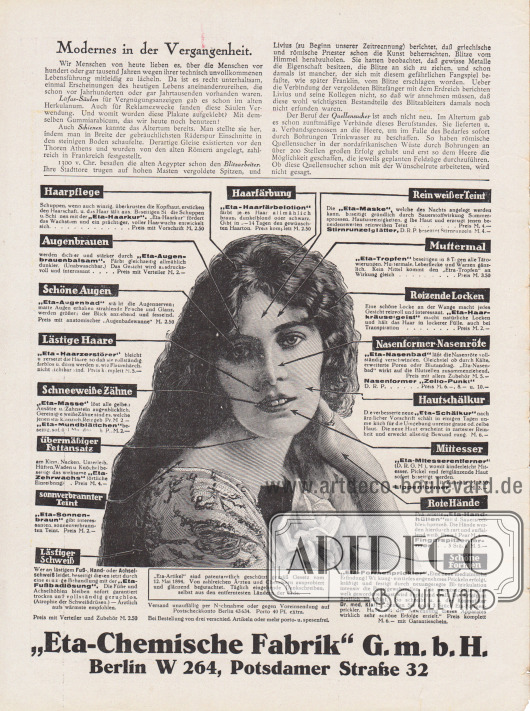 Artikel:
O.V., Modernes in der Vergangenheit.
Werbung:
Eta Produkte, „Eta-Chemische Fabrik“ GmbH, Berlin W 264, Potsdamer Straße 32.