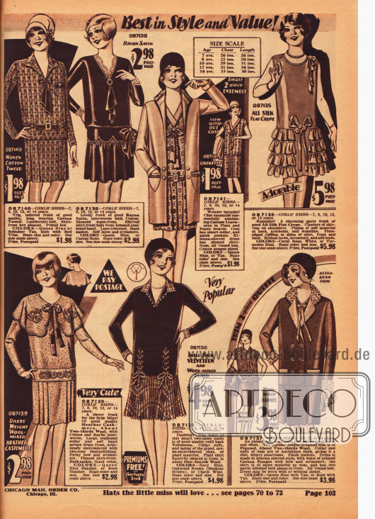 Vier Kleider, zwei Ensembles und ein schickes Tanzkleid für Mädchen im Alter zwischen 7 und 14 Jahren.
Die Kleider sind aus Baumwoll-Tweed, Rayon-Satin, Woll-Kaschmir sowie Samt und Wolle gearbeitet. Die beiden Ensembles bestehen aus Baumwoll-Leinen (oben Mitte) und Woll-Flanell (unten rechts). Das ärmellose Partykleid oben rechts ist dagegen aus Seiden Krepp hergestellt worden.
