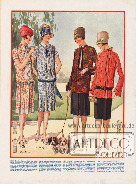 3089: Fesches Sommerkleid aus weiß-braun gemustertem Foulard mit weißem Westeneinsatz und Abschlussblenden. Apart ist der kleine Kragen, der Schleifenschluß zeigt. Rock mit eingelegten Falten und Reihenziehung.
3090: Jugendliches Sommerkleid aus bedrucktem Voile mit weißem Aufputz. Der blusig gehaltenen Taille schließt sich der Rock, vorn eingefaltet, an. Passenartige Garniturteile.
3091: Apartes Straßenkleid aus gemustertem und einfarbigem Crêpe de Chine. Letzterer ist für den in Falten arrangierten Rock verwendet, der vorn geteilt ist und eine abstechende Bahn sehen läßt. Bandgarnierung in Marineblau. In Säumchen gesteppte Georgette-Garnitur.
3092: Straßenkleid, bestehend aus lachsfarbener Kasackbluse und tiefbraunem Wollstoffrock. Die Bluse zeigt seitlichen Schluß und kleinen Kragen mit apartem Schleifenarrangement. Breiter Lackgürtel.