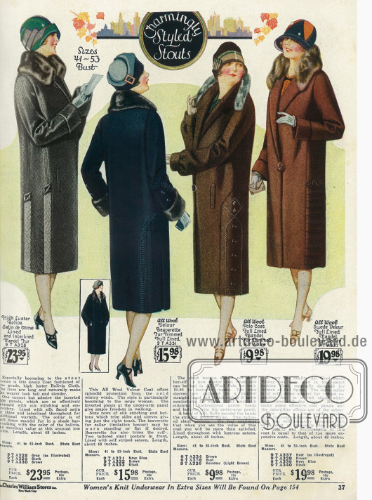Wintermäntel für beleibtere Damen aus glänzendem Bolivia (Wollstoff), Velours, Polo-Wolle und Veloursleder mit Pelzbesätzen aus Fuchspelzimitat und Bieber.