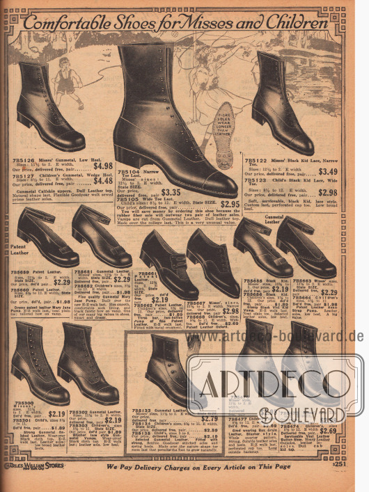„Bequeme Schuhe für Backfische und Kinder“ (engl. „Comfortable Shoes for Misses and Children“).
Stiefeletten, Halbschuhe und Pumps mit Knöchelschnalle (genannt „Mary Jane“) aus Kalbsleder, Chevreauleder (Ziegenleder), „Vici“-Chevreauleder, Lackleder oder „Box Grain Leather“ (sehr weiches Leder für Kinderschuhe, ähnlich Brieftaschenleder). Die Modelle zeigen zurückhaltende Perforationen, Ziernähte oder Schleifen.