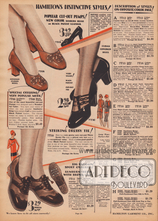 Zwei elegante Damenschuhe (Pumps) und ein Paar Sportoxfords aus Kalbsleder oder Lackleder. Die beiden oberen Modelle zeigen mittelhohe, recht dicke Kubanische Absätze und reichlich Ausstanzungen als dekorative Elemente. Die Oxfords mit flachen Absätzen sind aus zweifarbigen Ledersorten hergestellt und besitzen eine Gummisohle.
In der rechten Spalte befinden sich die Beschreibungen für die Schuhe auf der folgenden Farbseite 87.