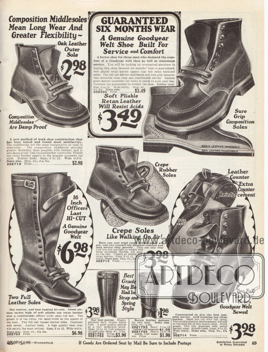 Hochgeschlossene Arbeitsstiefel mit Riemen und Arbeitsschuhe aus nachgegerbten Ledersorten mit Leder- und Gummisohlen für Männer. Die Modelle zeigen die beliebte runde Mokassin Naht an der Kappe, eine glatte Verarbeitung oder eine Quernaht mit Perforation über der Schuhkappe. Viele Modelle sind nach rahmengenähter Machart hergestellt („Goodyear welted“), um die Haltbarkeit und Lebensdauer zu erhöhen.