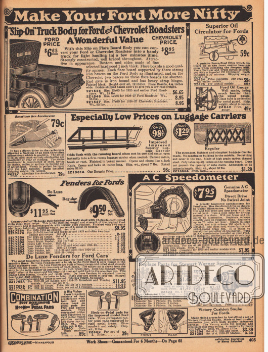 „Machen Sie Ihren Ford schicker“ (engl. „Make Your Ford More Nifty“).
Eine Ladefläche für Ford und Chevrolet Automobile (Roadsters), Ölwälzpumpen, Ölstandsanzeigen, Beschleunigungs- und Kupplungsvorrichtungen mit Hebel, Gepäckgitter und Gepäckhalterungen, Kotflügel und Schutzbleche, Pedalen, Geschwindigkeitsmesser mit Tacho, Ersatzteile für den Geschwindigkeitsmesser und Achsenfedern für besseren Fahrkomfort.