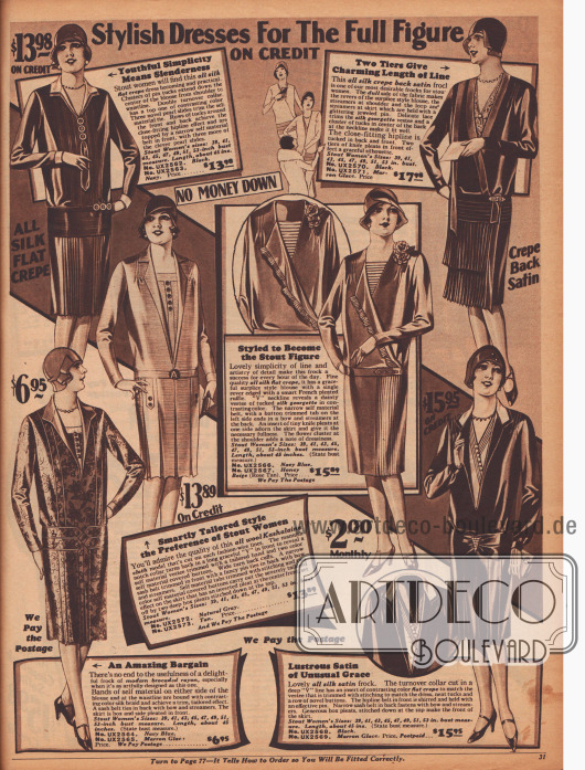 Doppelseite mit 12 „modischen Kleidern für stämmigere Figuren“ aus Satin Krepp, Seiden Krepp, Seiden-Georgette, Woll-Jersey, bedruckter Seide, Seiden-Satin Krepp, Woll-Kaschmir und Rayon-Brokat.