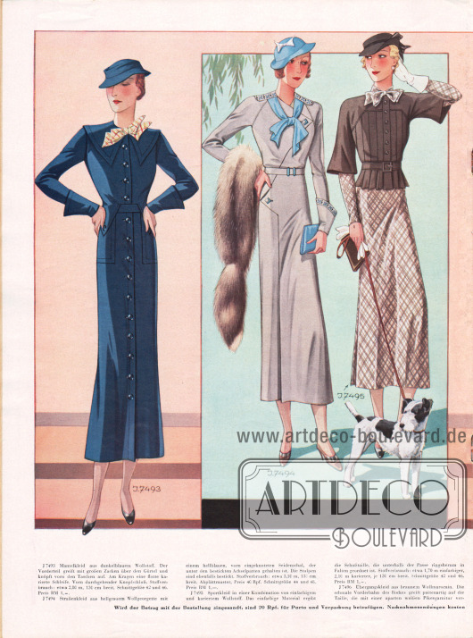 7493: Mantelkleid aus dunkelblauem Wollstoff und karierter, heller Schleife. Der Vorderteil greift mittels großer Zacken über den Gürtel und knöpft vorn über die Taschen auf. Durchgehender Knopfverschluss.
7494: Straßenkleid aus hellgrauem Wollgeorgette und hellblauem Seidenschal. Die Achselpatten und Stulpen sind bestickt.
7495: Sportkleid in einer Kombination von einfarbigem und kariertem Wollstoff. Die einfarbige Schoßtaille ist unterhalb der Passe ringsherum in Falten geordnet.