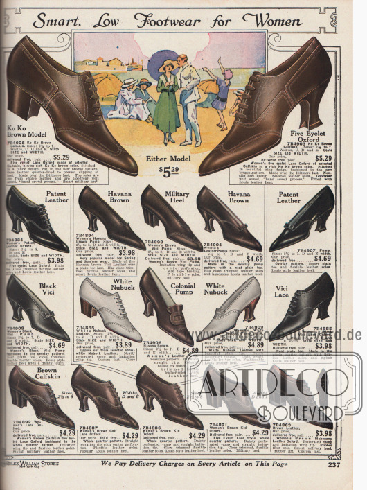 „Pfiffige, niedrige Halbschuhe für Damen“ (engl. „Smart, Low Footwear for Women“).
Damenschuhe in den Farben Braun, Havanna Braun, Schwarz oder Weiß. Die Pumps und Oxfords sind aus Kalbsleder, Nubuk Leder (Rauleder), Lackleder und „Vici Leather“ (?) mit mittelhohen, geschwungenen Louis XIV oder etwas niedrigeren, militärischen Absätzen. Einfache Aufmachungen, leichte Ziernähte, unauffällige Perforationen und kurze Zungen und Schleifen sind bei diesen Modellen charakteristisch. Besonders modisch waren Ende der 1910er Jahre die sehr spitzen Kappen der Schuhe.