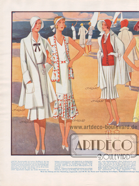 Sommer- und Strandmode für 1930: Strandensembles, Complets und ärmellose Kleider für die Strandpromenade werben um die Gunst der Dame für heiße Tage.
Die verwendeten Stoffe von links nach rechts: Wollflausch, Waschseide, Wollrips, Seide, Crêpe de Chine, Traviséseide und Toile de Soie.
Das Complet (2. Modell) ist mit Stickereimotiven und Zackenborte am Rockvolant und an der ärmellosen Jacke angereichert. Das gelbe Promenadenkleid (4. Modell) ist mit bogenförmiger Spitze besetzt, während das rosa Hochsommerkleid (5. Modell) durch weiße Plattstichstickerei bereichert wird. Die verschiedenen Teile werden durch eine Stäbchenhohlnaht miteinander verbunden.