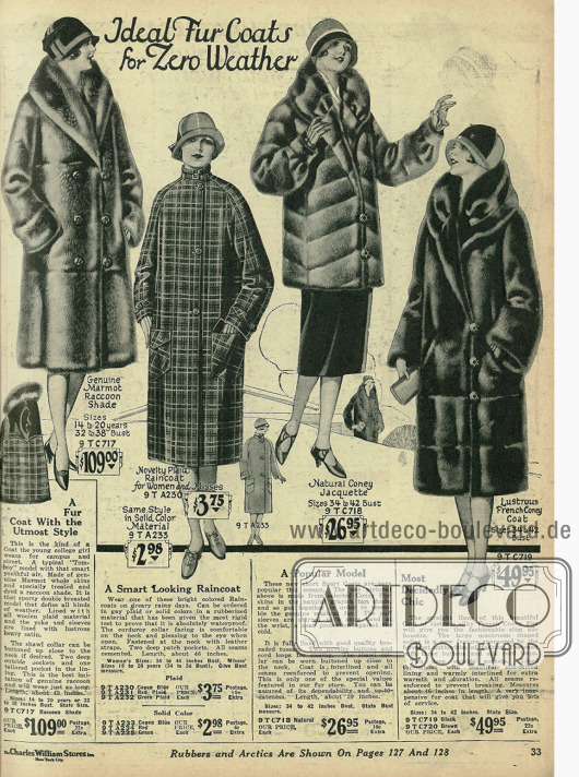 Pelzmäntel und eine Jacke aus Murmeltier- und Kaninchenpelz, ideal für eisige Temperaturen. Das zweite Modell von links ist ein Regenmantel aus gummiertem Wollstoff.