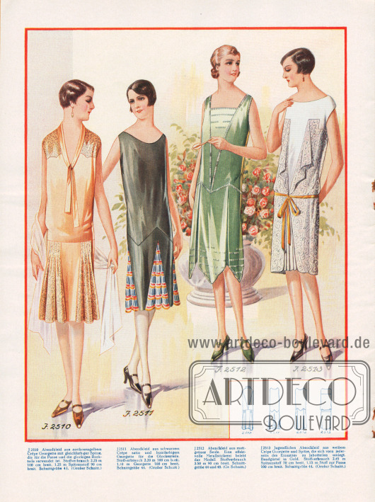 2510: Abendkleid aus aprikosengelbem Crêpe Georgette mit gleichfarbiger Spitze, die für die Passe und die glockigen Rockteile verwendet ist.
2511: Abendkleid aus schwarzem Crêpe Satin und buntfarbigem Georgette für die Glockenteile.
2512: Abendkleid aus mattgrüner Seide. Eine effektvolle Metallstickerei belebt das Modell.
2513: Jugendliches Abendkleid aus weißem Crêpe Georgette und Spitze, die sich vorn jederseits des Einsatzes zu Jabotteilen umlegt. Bandgürtel in Gold.
