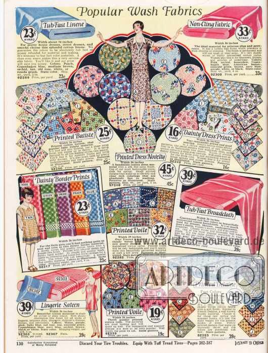 „Beliebte Waschstoffe“ (engl. „Popular Wash Fabrics“).
Buntbedruckte Waschgewebe für einfache Haus- und Tageskleider, Kinderkleidung oder auch Unterwäsche. Unter den Stoffen sind Rohleinen, bedrucktes Batist, einfache und merzerisierte Baumwollstoffe, Voile (Schleierstoff), Breitgewebe, Satin und „Delaine“ (Baumwollstoff).
Die Preise rangieren zwischen 19 und 45 Cent pro Yard (91,44 cm). Die Breite der Stoffe liegt zwischen 32 und 39 Inch (81,3 und 99,1 cm).